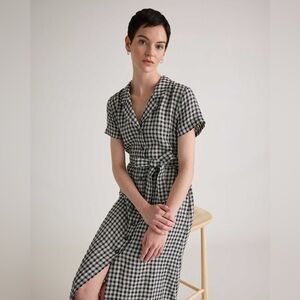 Quince womens S Small khaki black 100% European linen button front dress EUC